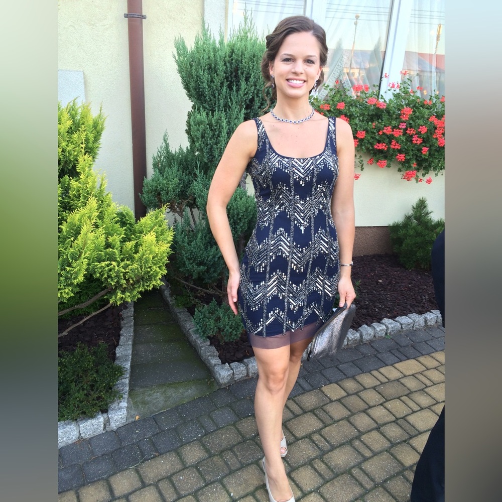 Adrianna Papell Sequin Navy Blue Cocktail Dress - Picture 2 of 2